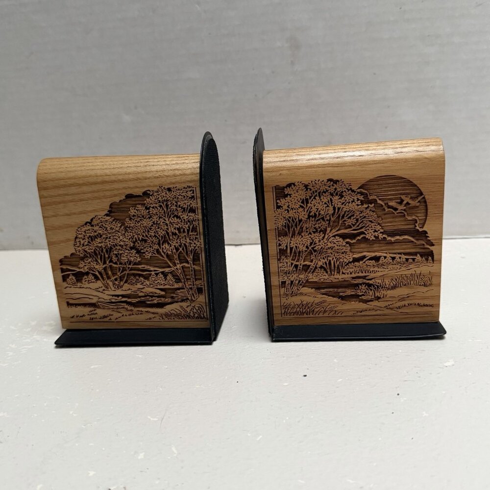 Lasercraft Vintage Pair Of Solid Walnut Bookends Tree Scene 1988 Wood Natural